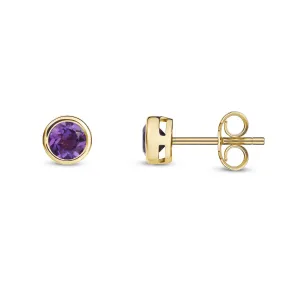 9ct Yellow Gold  Amethyst 4mm Rub Over Round Stud Earrings