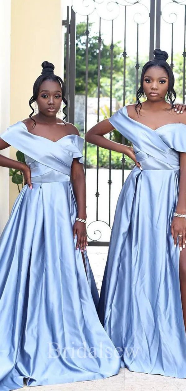 A-line Blue Satin Off the Shoulder Slit Simple Cheap Elegant Long Formal Bridesmaid Dresses BD175