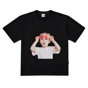 acmé de la vie (ADLV) Baby Face Black Red Heart Glasses Short Sleeve T-Shirt Black