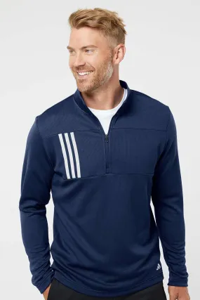 Adidas Mens 3 Stripes Double Knit Moisture Wicking 1/4 Zip Sweatshirt - Team Navy Blue/Grey - NEW