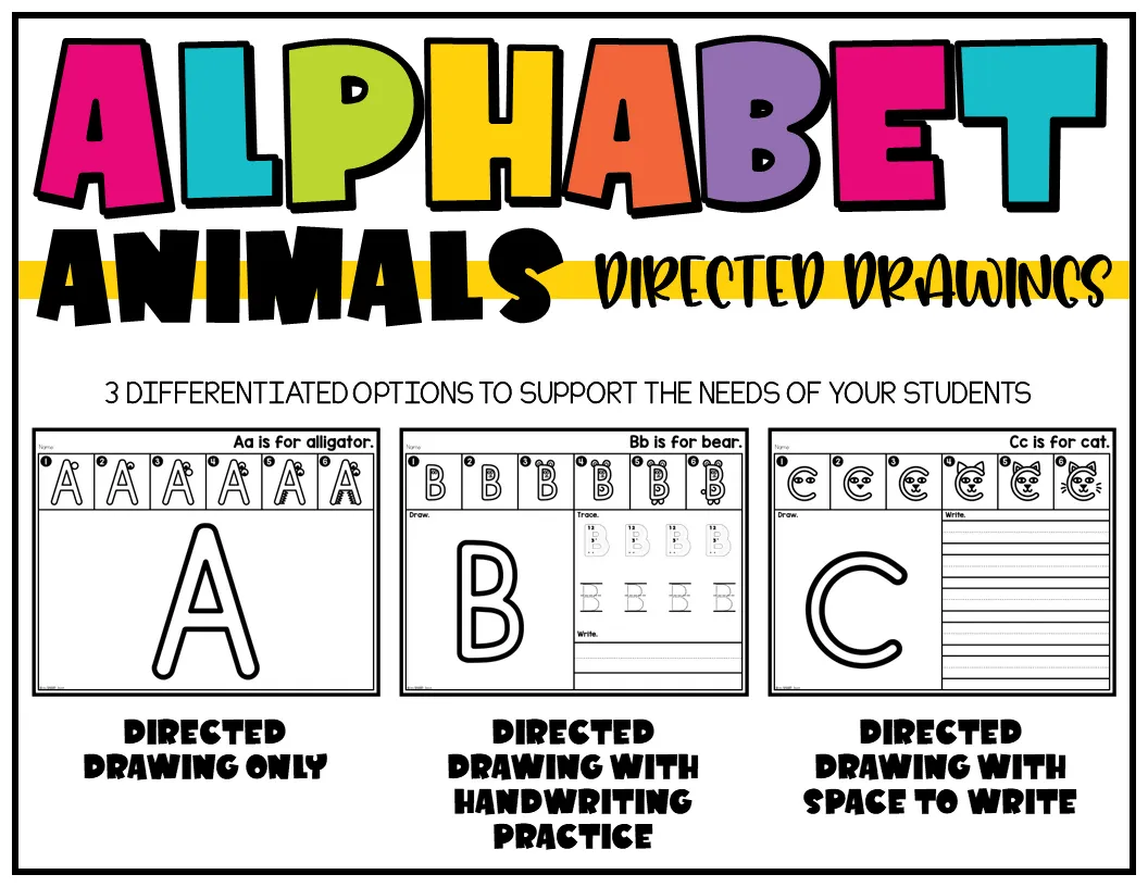 Alphabet Animal Directed Drawing Activities for Beginning Sounds and Handwriting | Printable Classroom Resource | One Sharp Bunch