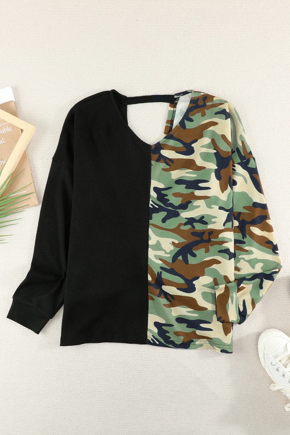 Black Camo Twist Back Waffle Long Sleeve Top