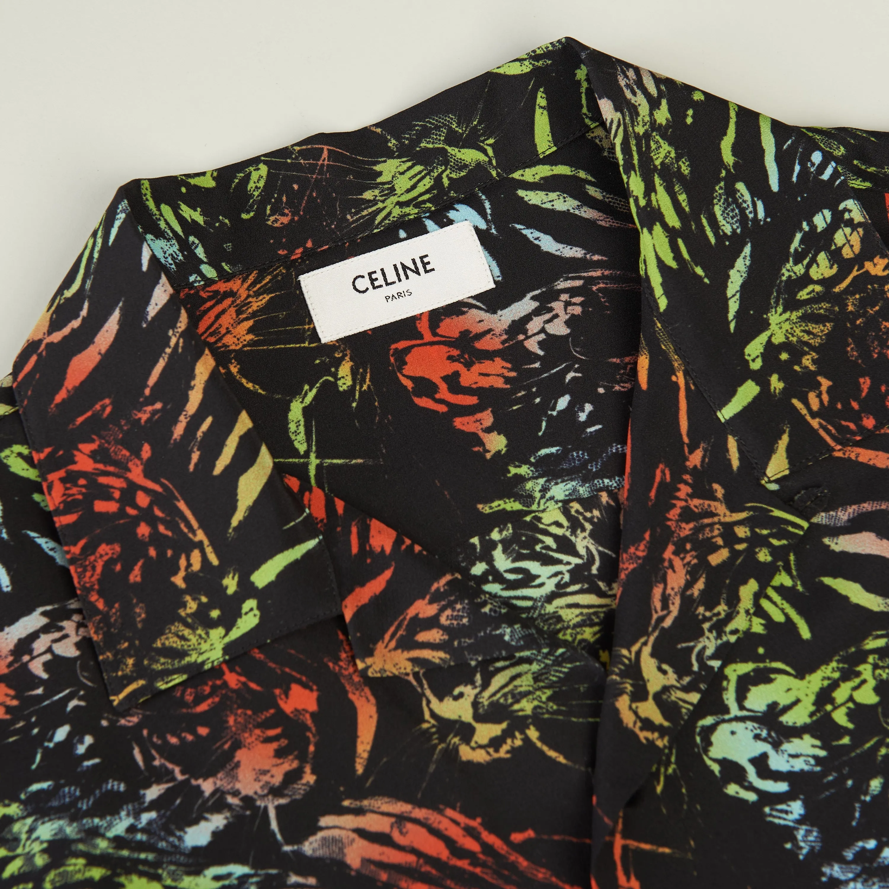 Black Hawaiian Shirt - Neon Tiger Print, Crepe De Chine Silk, Loose Fit