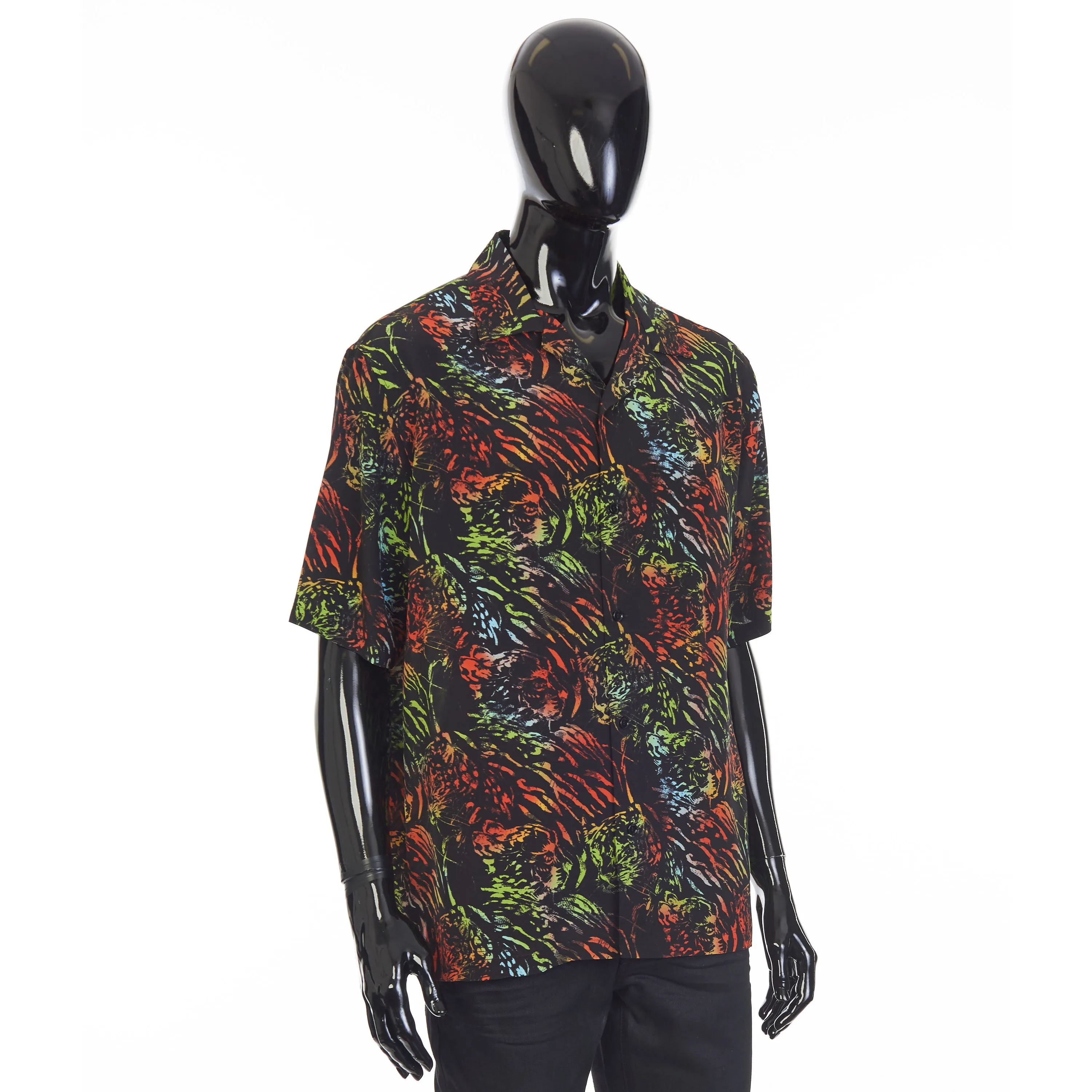 Black Hawaiian Shirt - Neon Tiger Print, Crepe De Chine Silk, Loose Fit