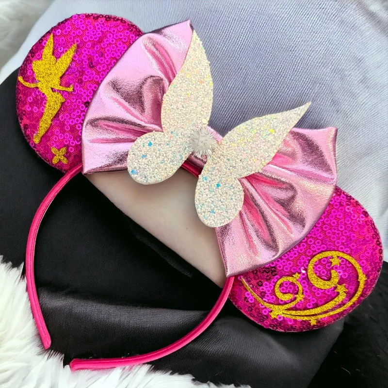 Brand New Tinkerbell Headband w/ Pink Sequin Bow & Gold Accents - Disney Inspired!