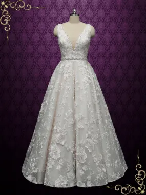 Champagne Lace Ball Gown Wedding with Plunging Neckline ARLET