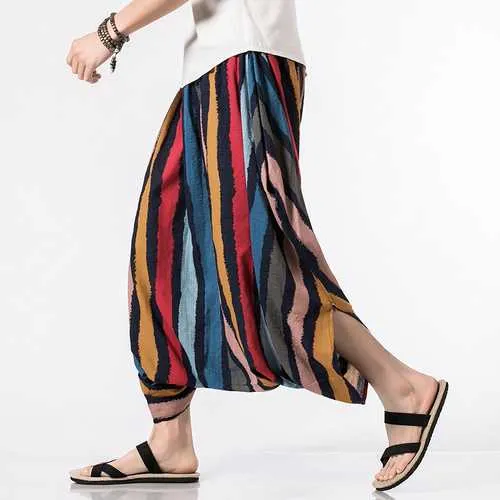 Charmkpr Mens Ethnic Style Color Stripe Printed Baggy Pants