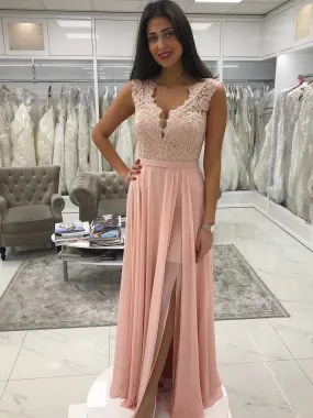 Delicate Chiffon V-neck Neckline A-line Prom Dresses With Beaded Appliques PD112