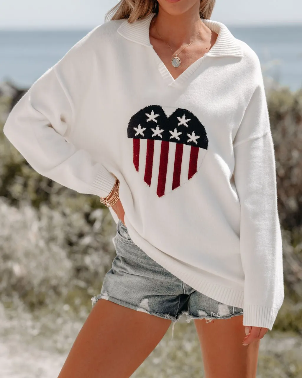 Ivory Heart Shaped American Flag Sweater - FINAL SALE