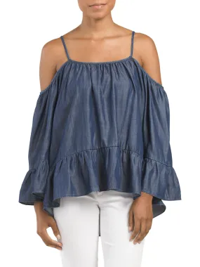 LAJU Tencel Ruffle Hem Cold Shoulder Top