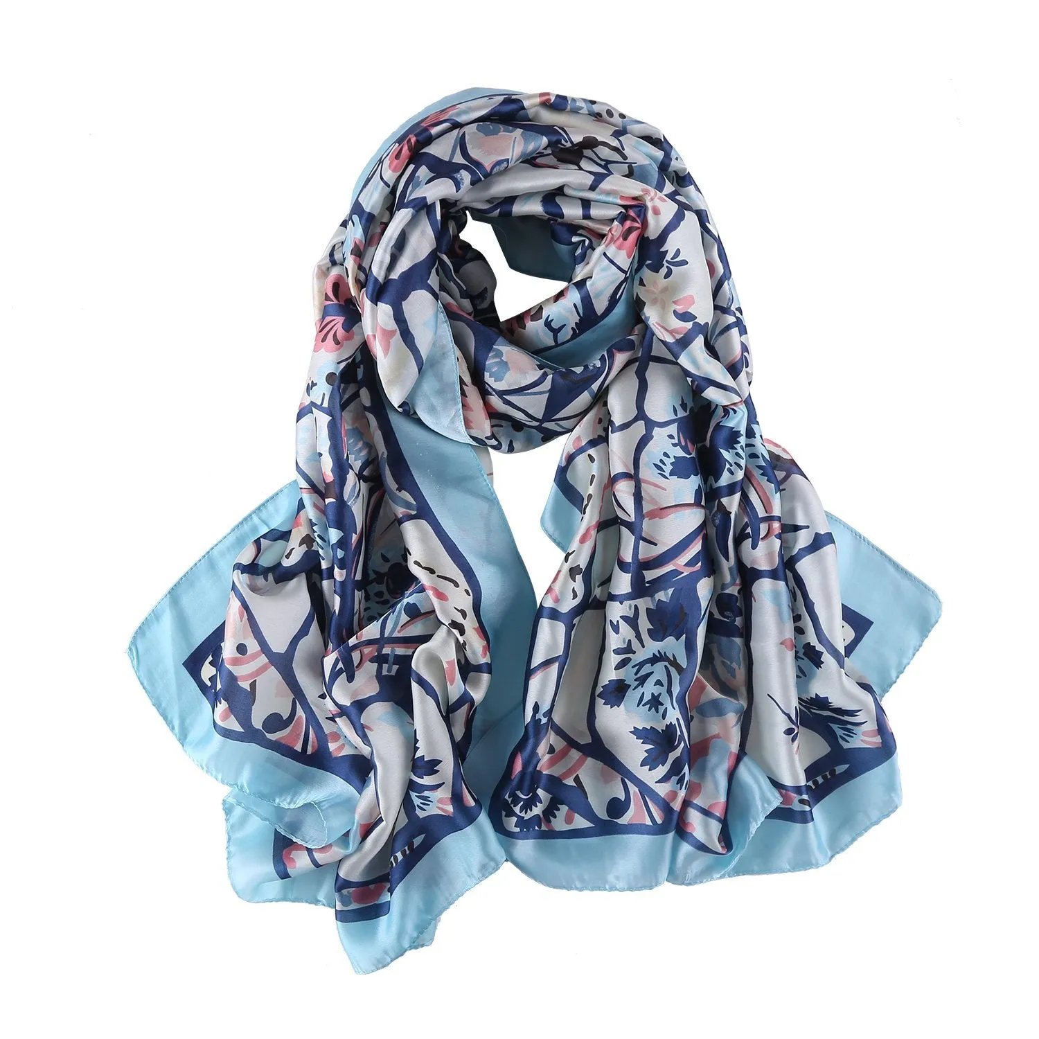 Long Silk Feel Satin Scarf Pink and Blue Theme Floral Print LAT109