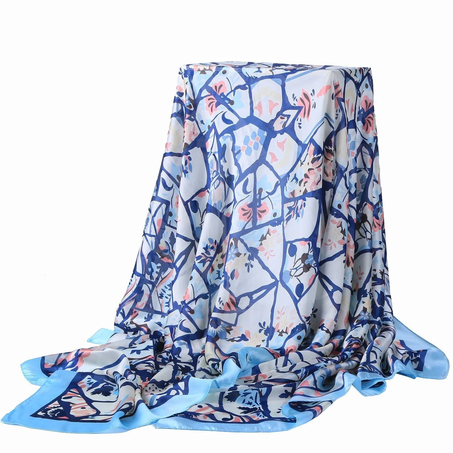 Long Silk Feel Satin Scarf Pink and Blue Theme Floral Print LAT109