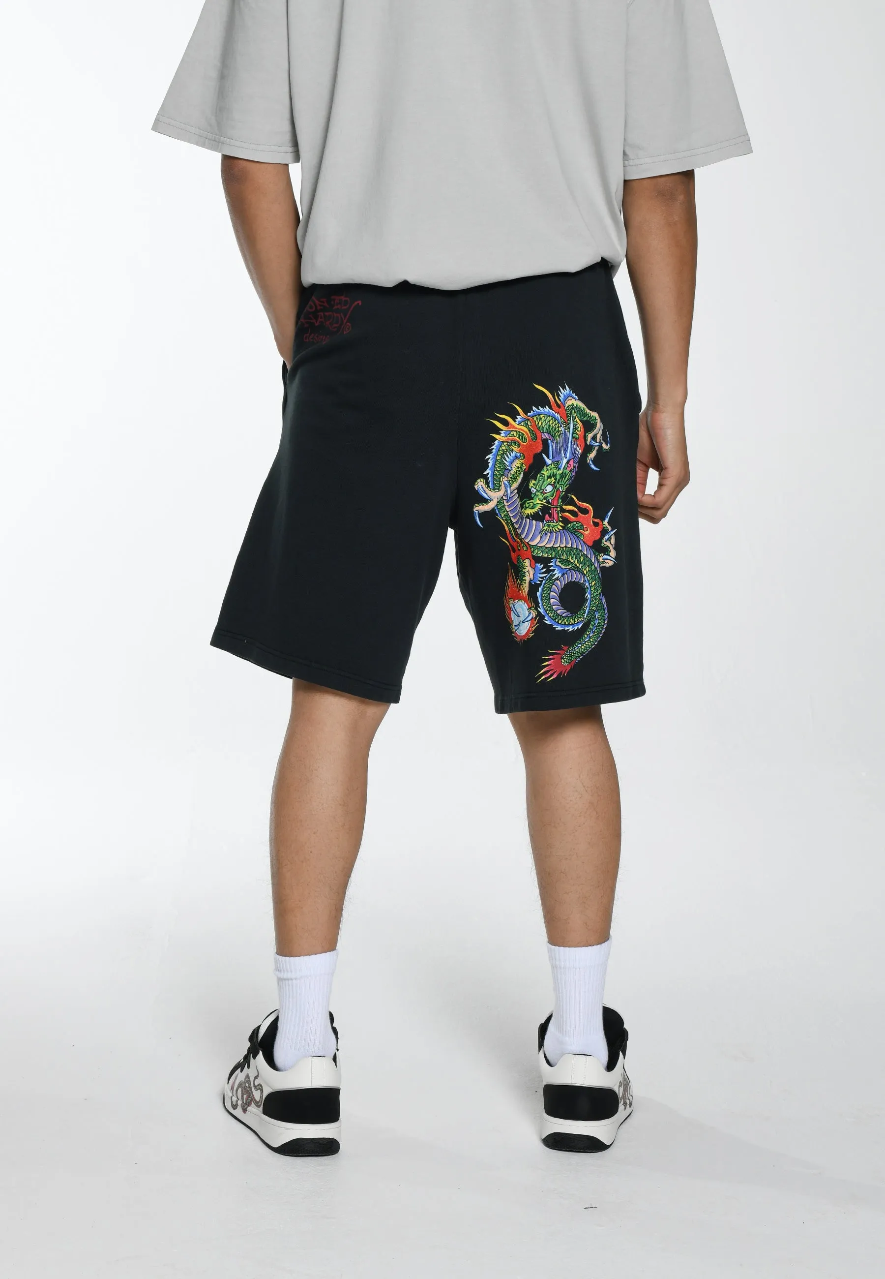 Mens Fireball Dragon Sweat Shorts - Washed Black