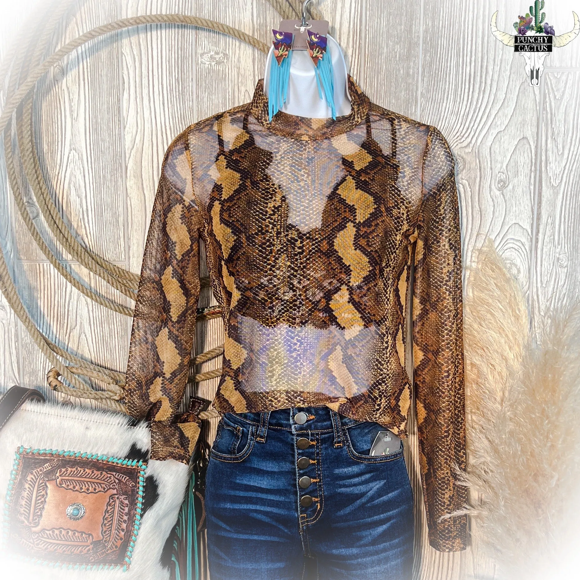 Snake Print Mesh Top - Mustard