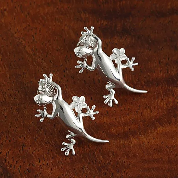 Sterling Silver Gecko and Plumeria with CZ Post Earrings