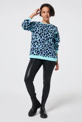 Turquoise with Black and Blue Shadow Leopard Oversized Sweatshirt